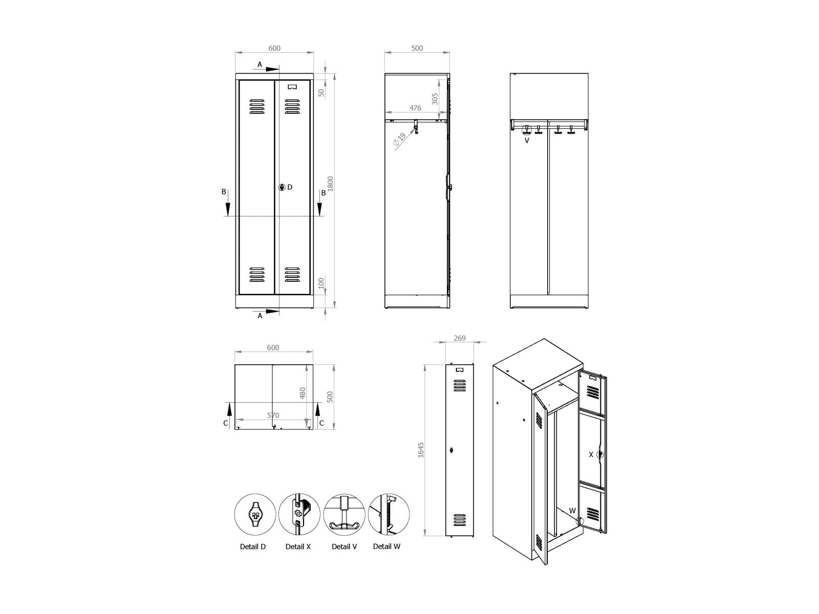 Spindschrank Serie Spindmax® Spind nach Arbeitsstättenrichtlinien mit Sitzbankuntergestell - für 1 Person 2x300mm Abteilbreite