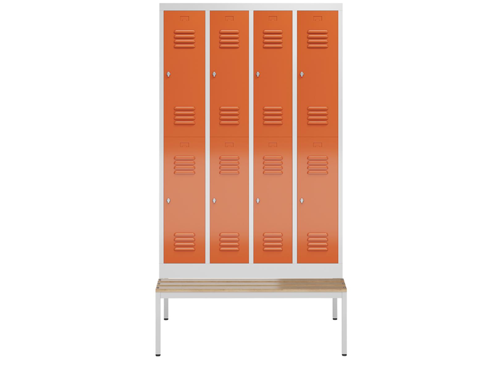 Spindschrank Serie Spindmax® Spind doppelstöckig mit Sitzbankuntergestell - 4 Abteile 300mm Abteilbreite